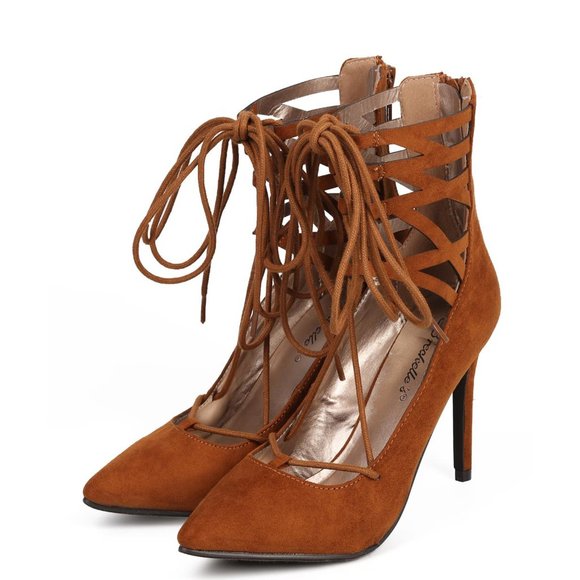 HOT🔥 Tan Strappy Lace Up Pointed Toe Cuff High Heel Stiletto Pumps Faux Suede - Picture 7 of 7